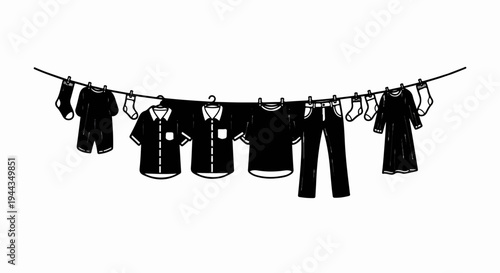 Black clothing items and socks drying on a clothesline
