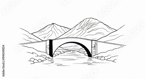 Arch bridge spans a river flowing through a valley with mountains