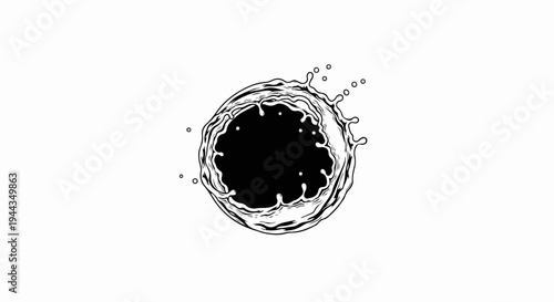 Black circular splash with droplets, ink illustration
