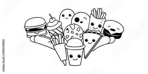 A whimsical illustration of food items with faces enjoying a meal together