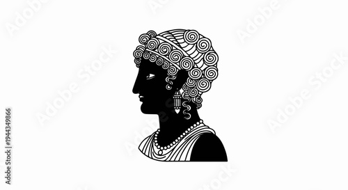 Black silhouette of a woman with elaborate curled hair, jewelry, and draped clothing