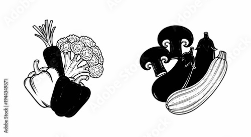 Black and white illustration of assorted vegetables, including peppers, carrots, broccoli, mushrooms, eggplants, and zucchini