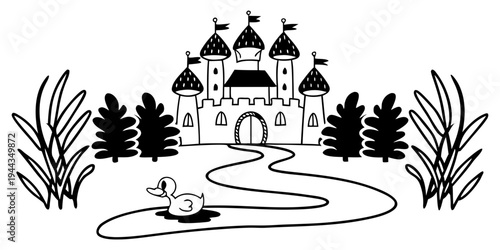 A whimsical castle with a winding path leading to its entrance surrounded by plants