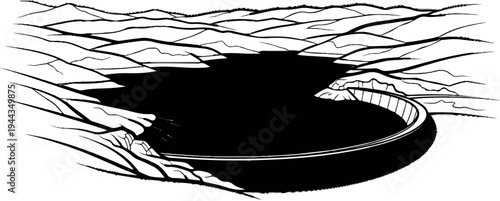 Arch dam holding back a vast body of dark water in a mountainous landscape