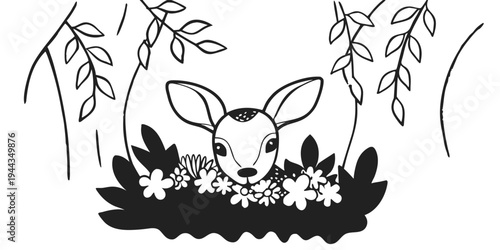 Two rabbits standing on their hind legs in a field of flowers and plants