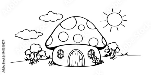 A whimsical mushroom house with a smiling face and a welcoming door.