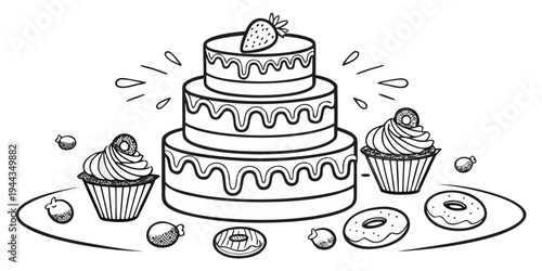 A delightful illustration of a multi-tiered cake with various cupcakes and sweets