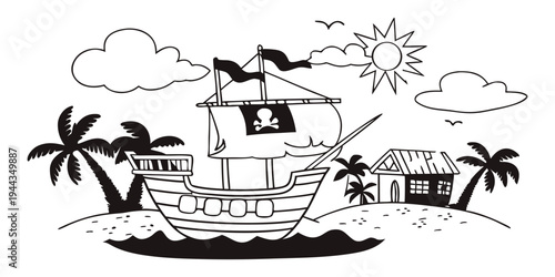 A pirate ship sailing on calm waters with a sunny sky and palm trees in the background