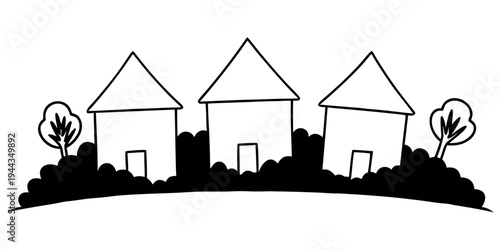 Three simple houses with triangular roofs and trees on either side.