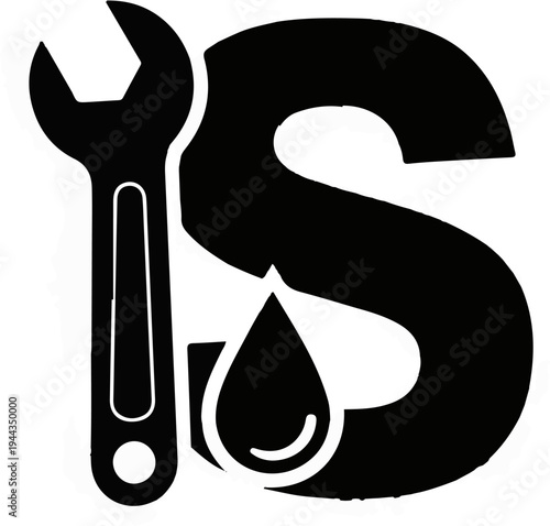 Black silhouette of a wrench and a droplet on the letter S