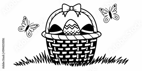 A charming illustration of a basket filled with colorful easter eggs and adorned with a bow