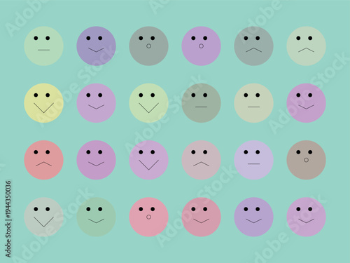 Collection of Round Faces with Various Emotions on Pastel Background
