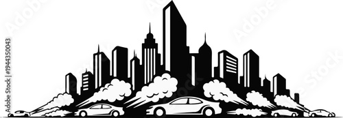 Black silhouette of cars emitting smoke in front of a city skyline
