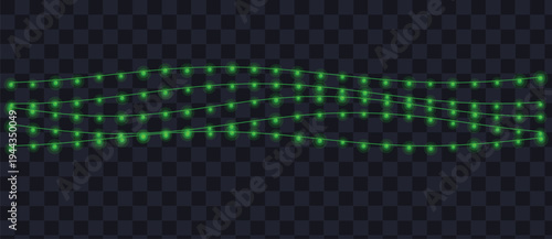 Four wavy strings of vibrant green festive lights glow brightly against a dark transparent backdrop