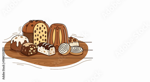 Assorted baked goods, including round and loaf cakes, on a wooden surface