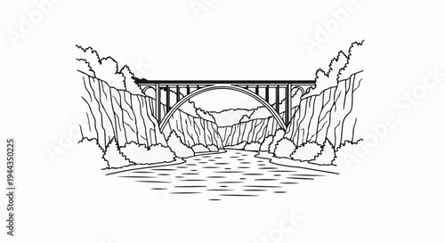 Arching bridge spans a river valley with steep, rocky cliffs and lush foliage