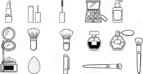 Assortment of beauty products including lipstick, mascara, brushes, and perfume