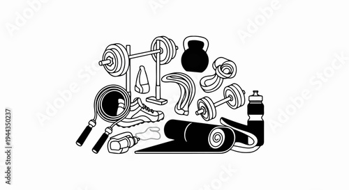 Assorted sports equipment, including a barbell, dumbbells, kettlebell, jump rope, and mat