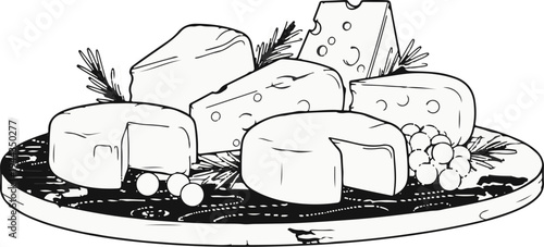 Assortment of cheeses with herbs and grapes on a decorative platter