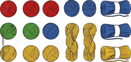 Assortment of colorful yarn balls, spools, and braided skeins