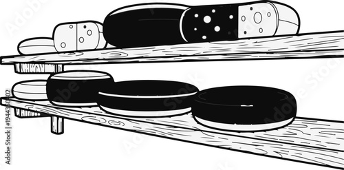 Assortment of round and oblong cheeses on wooden shelves