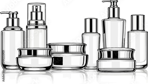 Assortment of sleek cosmetic bottles and jars with reflective bases