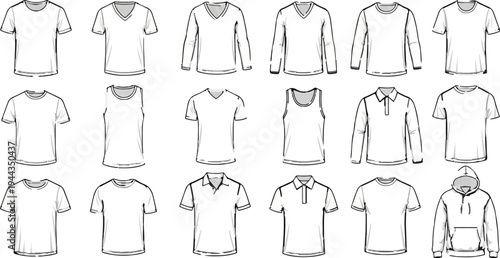 Assortment of white t-shirts, long-sleeved shirts, tanks, polos, and hoodie