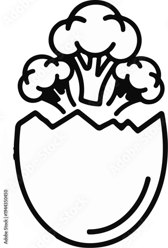Black and white illustration of broccoli emerging from a cracked eggshell