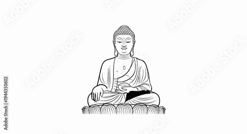 Black and white illustration of Buddha meditating on a lotus flower