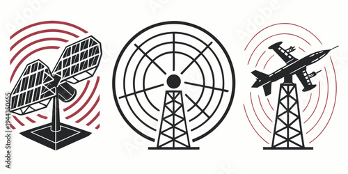 A collection of communication devices including a radio tower, antenna, and airplane.