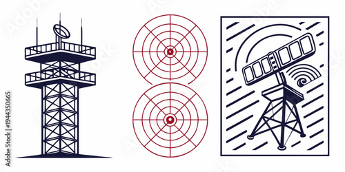 A detailed illustration of a radio tower with various radio signal waves around it.