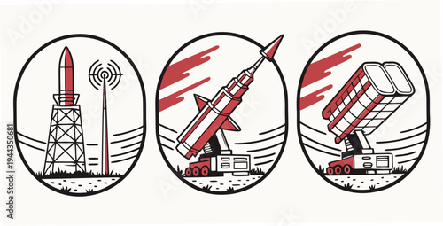 Three vintage style coins featuring a rocket ship, a satellite, and a space station.
