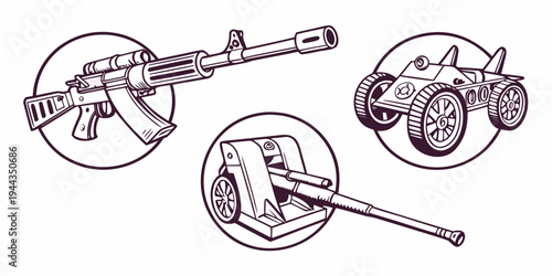 Assorted military weapons including rifles, machine guns, and artillery pieces
