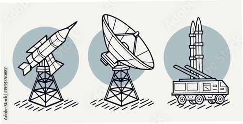 Three different types of satellite dishes and antennas for communication