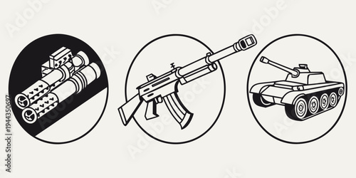 Three black and white icons representing a fist, a rifle, and a tank
