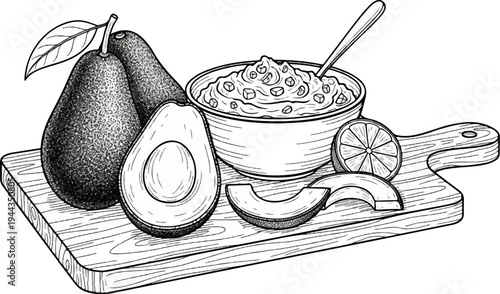 Black and white illustration of avocados and guacamole with lime on a wooden board