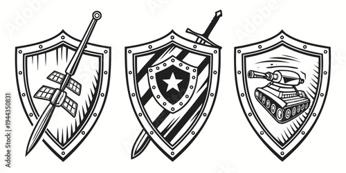 Three distinct shields with unique symbols and designs displayed side by side.