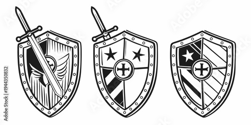Three distinct shields with unique symbols and designs displayed side by side