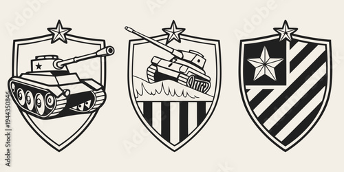 Three distinct military insignias featuring a tank, helicopter, and star emblem
