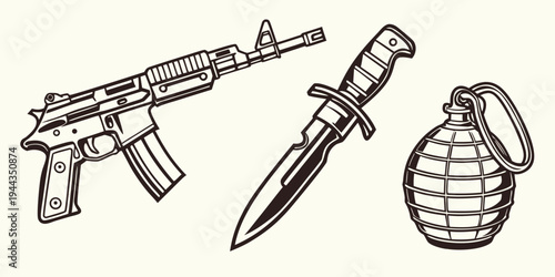 Assorted weapons including a rifle, a dagger, and a hand grenade