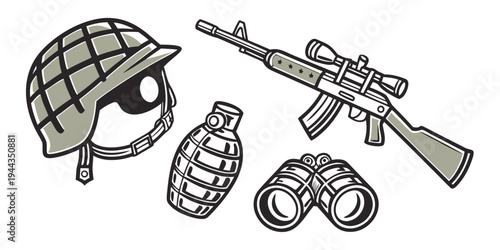 Assorted military equipment including helmet, grenade, rifle, and handcuffs