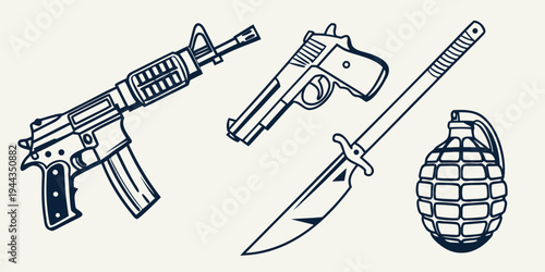Assorted weapons including rifle, pistol, knife, and grenade illustrated in black and white
