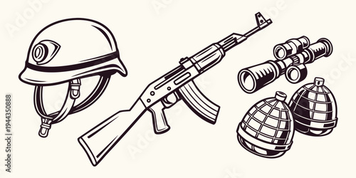 A collection of military equipment including a helmet, rifle, and grenades