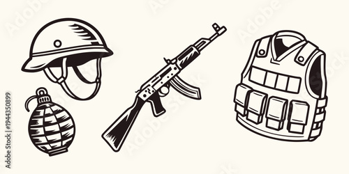 Military equipment including a helmet, rifle, grenade, and tactical vest