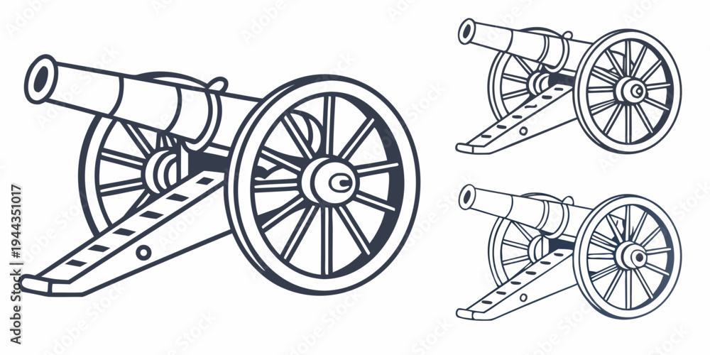 Fototapeta premium A detailed illustration of a large cannon and three smaller cannons on wheels.