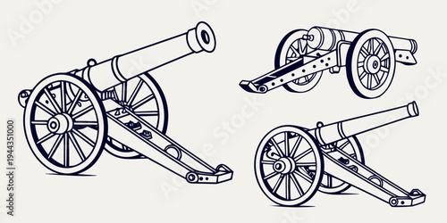 Three antique cannons with wheels and barrels on a plain background