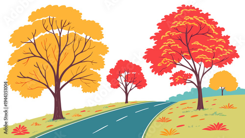Vibrant autumn trees with red and yellow leaves standing on a grassy hillside