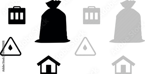 Essential household and environmental icons featuring a trash can, a full garbage bag, a liquid drop warning sign, and a simple house, available in solid black and striped outline vector styles.