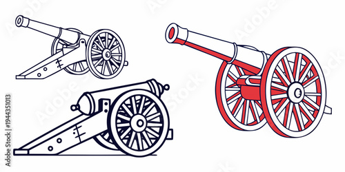 Three antique cannons displayed in a row with different designs and colors