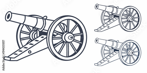 A detailed illustration of a large cannon and three smaller cannons on wheels.